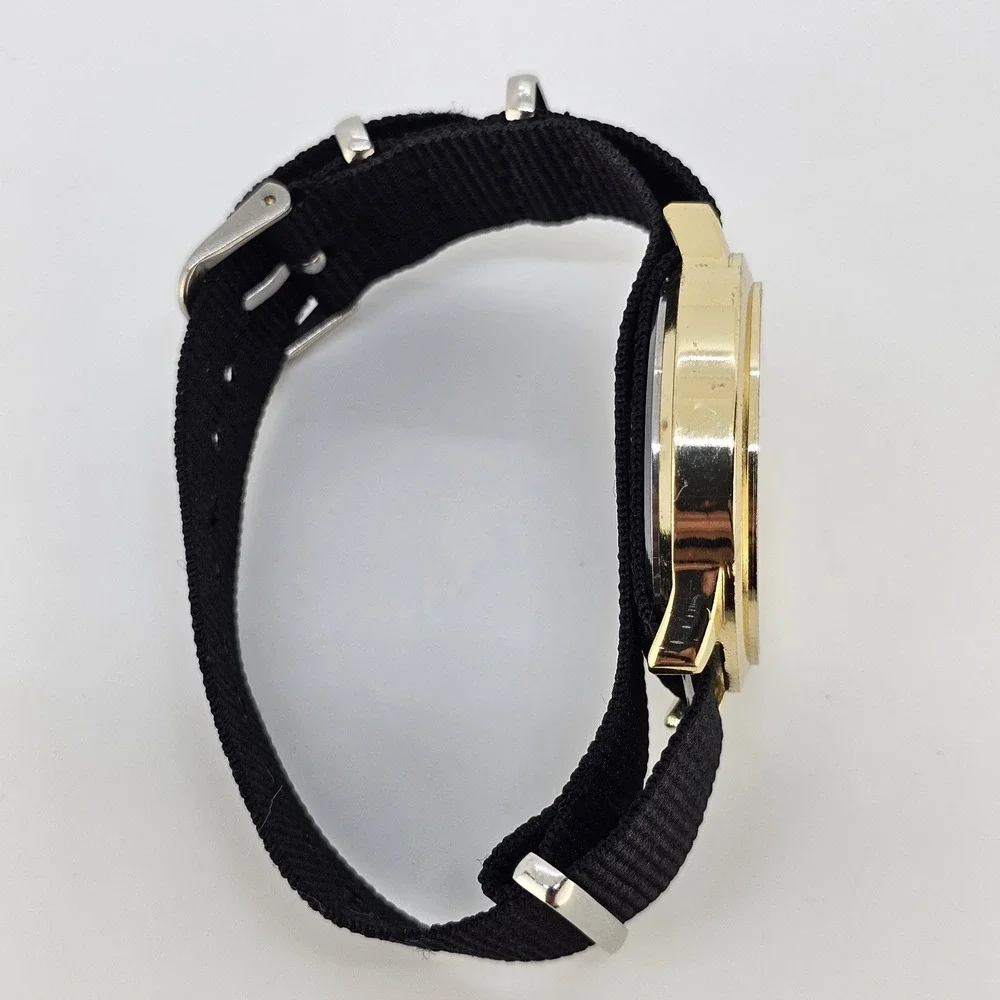 Embassy Men's Analog Watch 38MM Gold Dial Date NEW Black Canvas Band NEW Battery